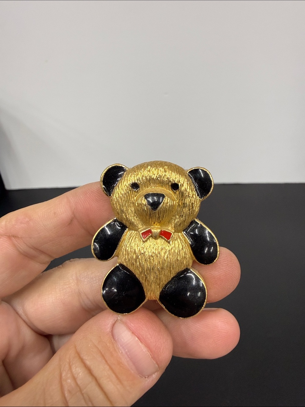 Gold and Black Teddy Bear Brooch with Red Bow Accent - Women Jewelry
